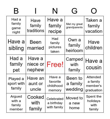 Family Experiences Bingo Card