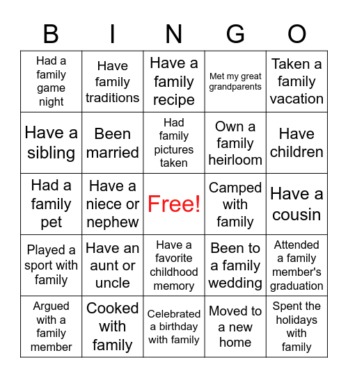 Family Experiences Bingo Card