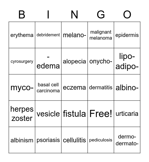 Integumentary System Bingo Card