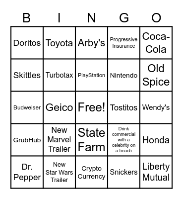 Super Bowl Commercial Bingo Card