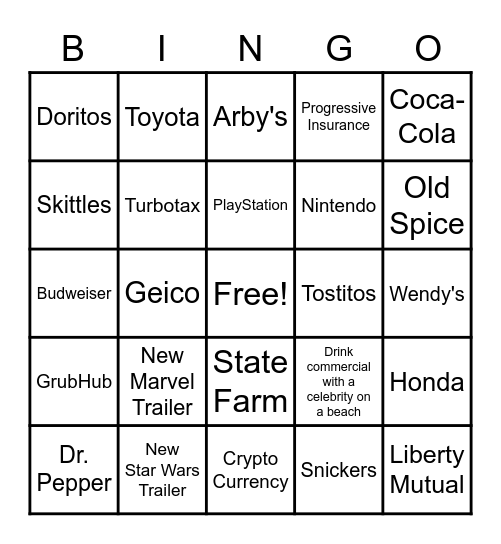 Super Bowl Commercial Bingo Card