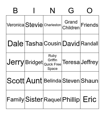 The Ruby Griffin Quick Family Reunion Bingo Card