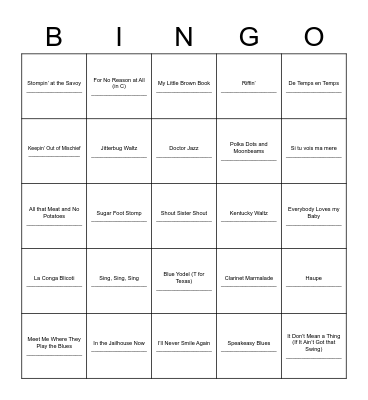 1920s Music Bingo Card