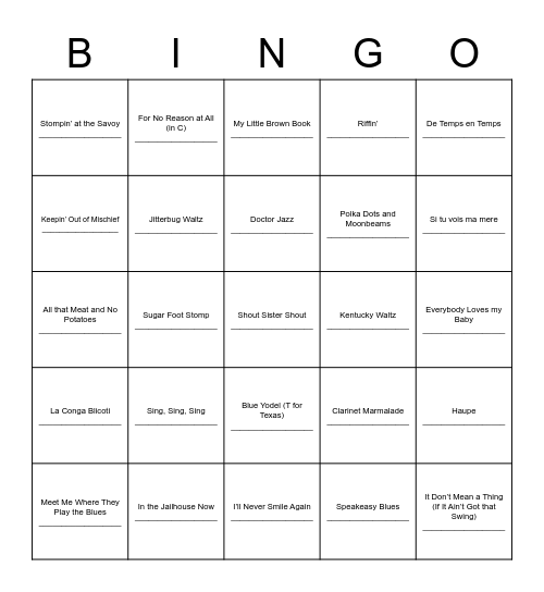 1920s Music Bingo Card