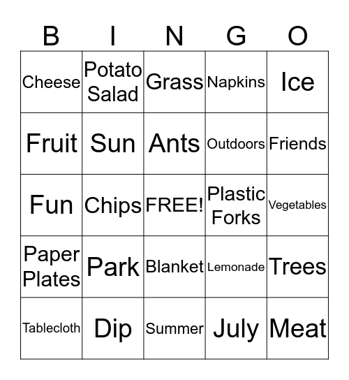 July Picnic Bingo Card