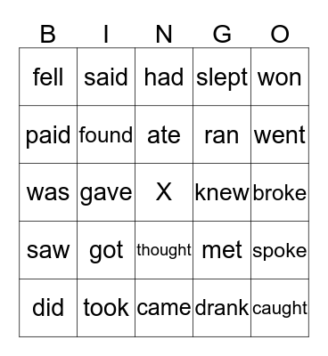 Irregular Verbs Bingo Card