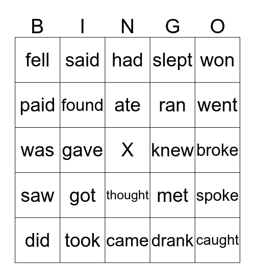 Irregular Verbs Bingo Card