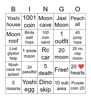 Super Mario odyssey Bingo Card