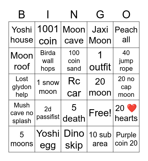 Super Mario odyssey Bingo Card