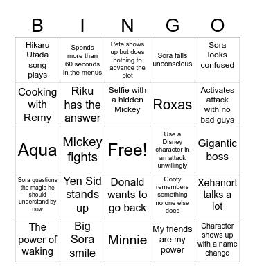 Kingdom Hearts Video Game Bingo Card