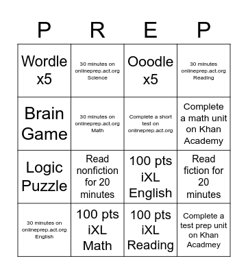 Test Prep Choice Cards Bingo Card