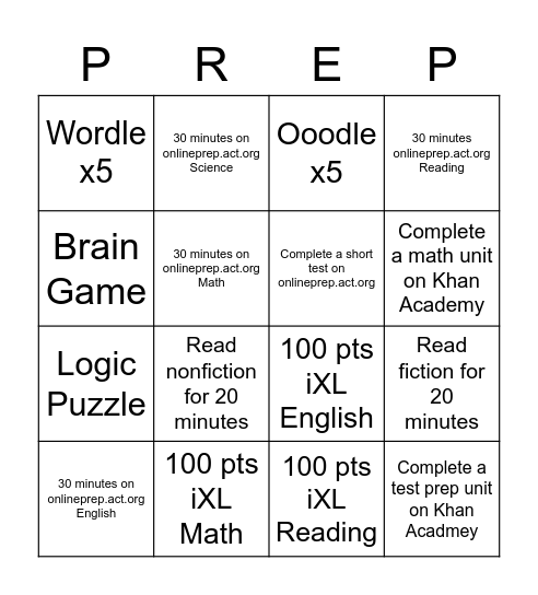 Test Prep Choice Cards Bingo Card