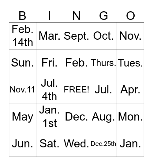 Months, Days, and U.S. Holiday Bingo game Bingo Card