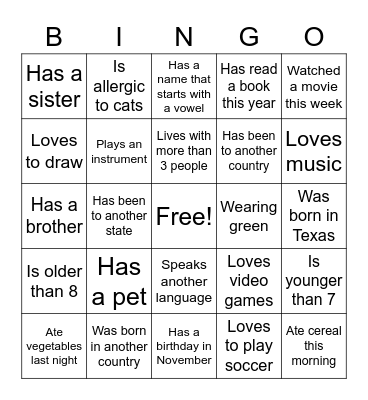 Getting to Know You Bingo Card