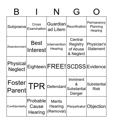 Abuse & Neglect Legal Training Bingo Card