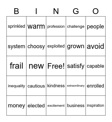 Synonym Bingo Card