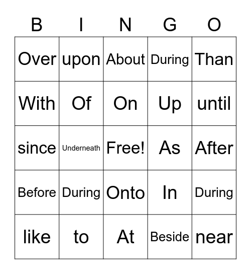 Prepositions Bingo Card