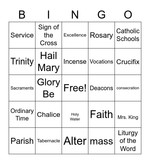 Catholic Schools Week Bingo Card