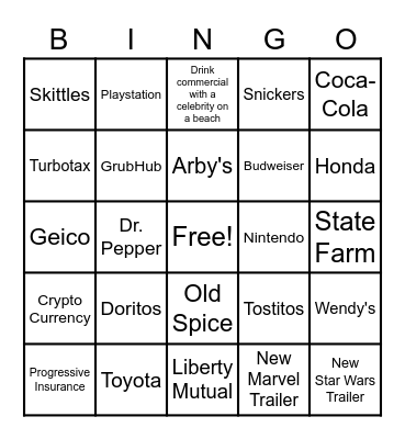 Superbowl Commercial Bingo Card