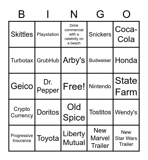 Superbowl Commercial Bingo Card