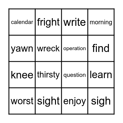 Superkids Words Bingo Card
