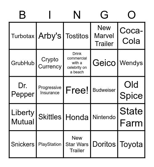 Suberbowl Commercial Bingo Card