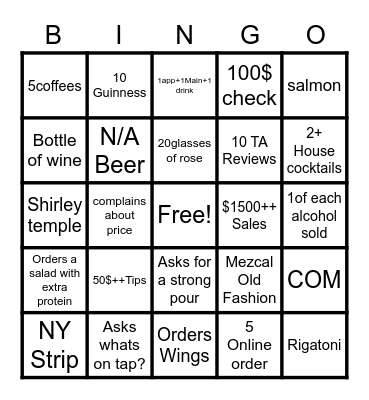 Bartender Bingo Card