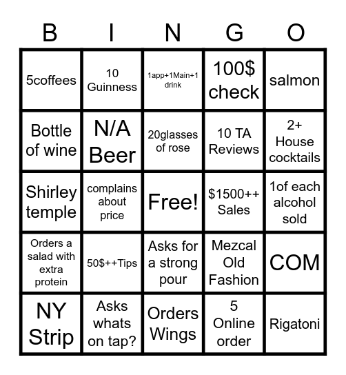 Bartender Bingo Card