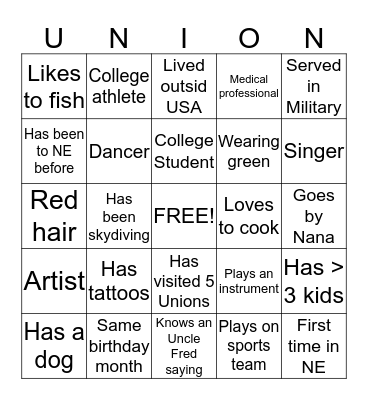 Get to know you Union Bingo Card