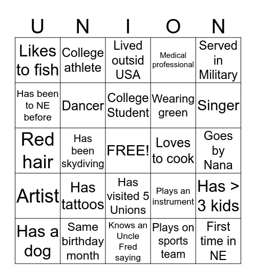 Get to know you Union Bingo Card