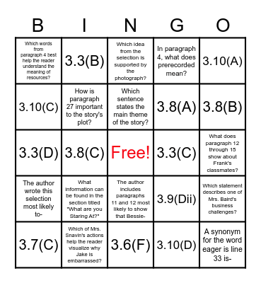 3rd Grade STAAR Reading Bingo Card