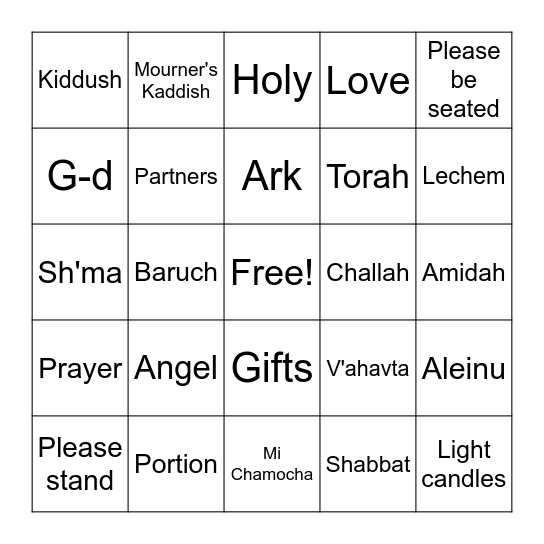 Shabbat Bingo Card