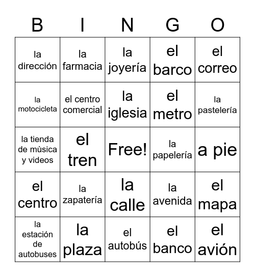 bingo: repaso - vocabulario U4E1 Bingo Card