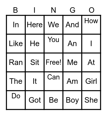 Sight Words Bingo Card