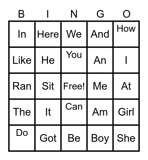 Sight Words Bingo Card