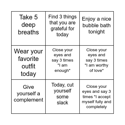 Self-Love Bingo Card