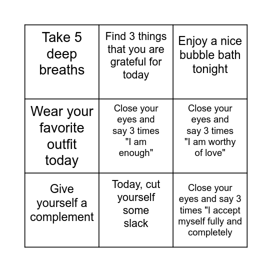 Self-Love Bingo Card