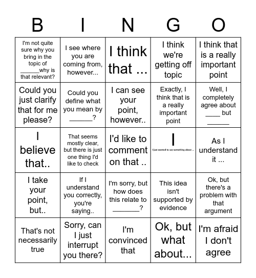 Language for Discussions Bingo Card