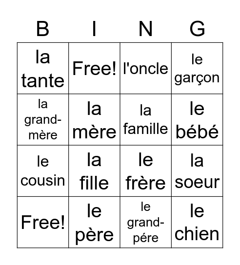 family members Bingo Card