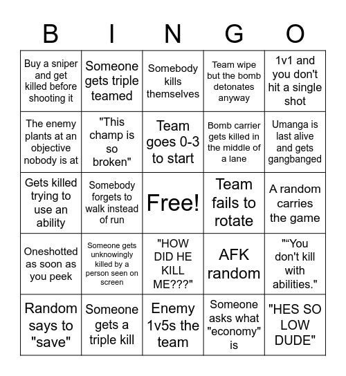 VALORANT DRINKING GAME Bingo Card