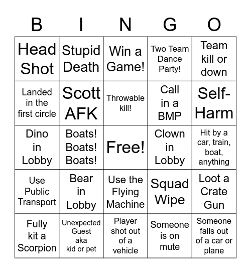 The Scott and Lucas Show PUBG Bingo Card Bingo Card