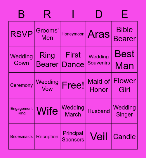 Bridal Party Themed Bingo Card