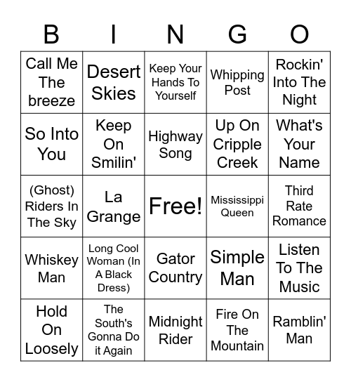 Southern Rock Bingo Card