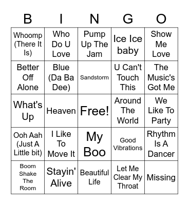 90s Club Hits Bingo Card