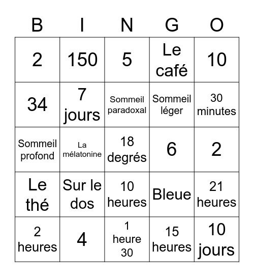 Hygiène du sommeil Bingo Card
