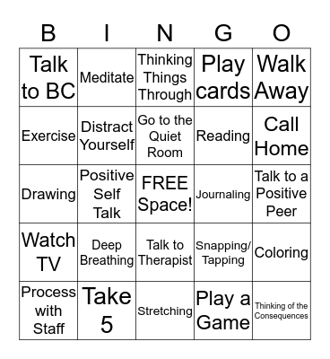 On The Unit Coping Skills BINGO Card