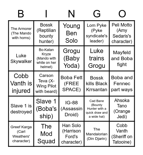 Book of Boba Fett Episode 6 Bingo Card