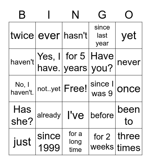 Present Perfect Bingo Card