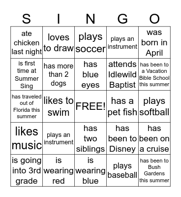 Summer Sing Singo Bingo Card
