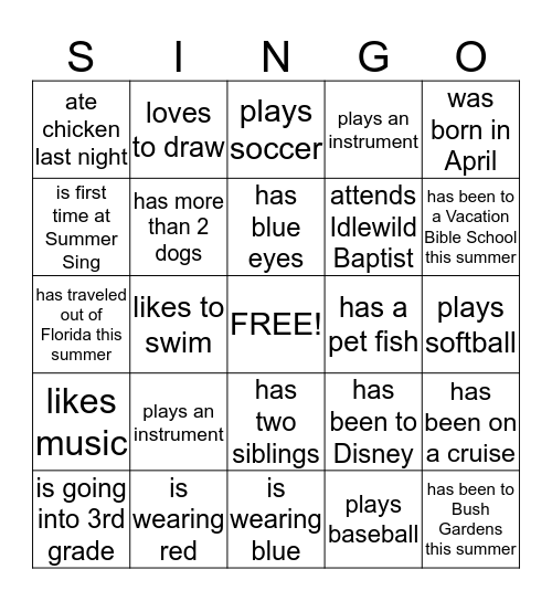 Summer Sing Singo Bingo Card